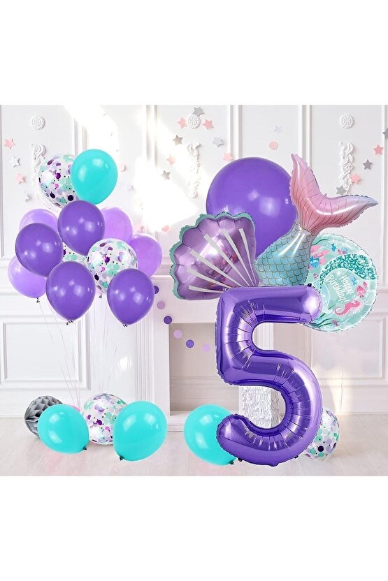 Mor Rakam Balon 5 Yaş Deniz Kızı Temalı Doğum Günü Parti Kutlama Seti Konsept 1