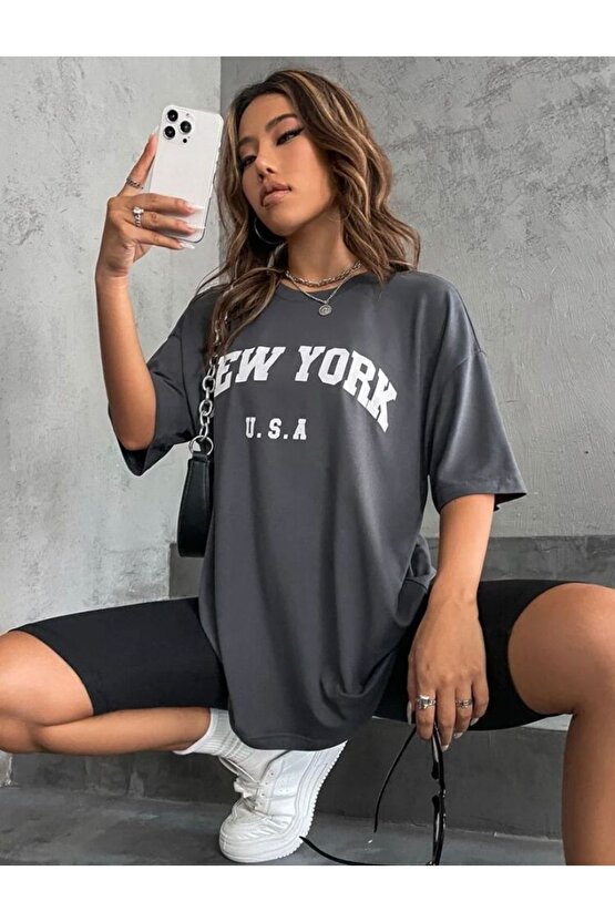 Kadın Oversize New York Baskılı Antrasit Penye Tshirt