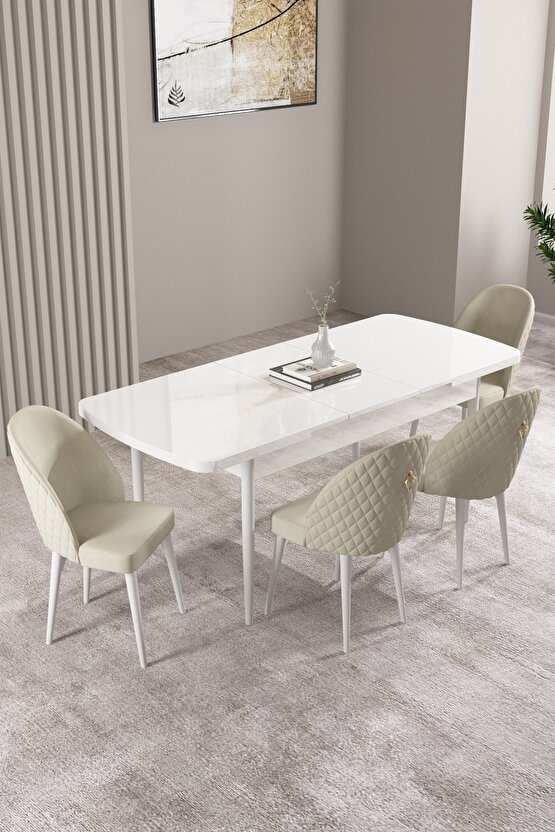 Milas Beyaz 80x132 Mdf Açılabilir Mutfak Masası Takımı 4 Adet Sandalye