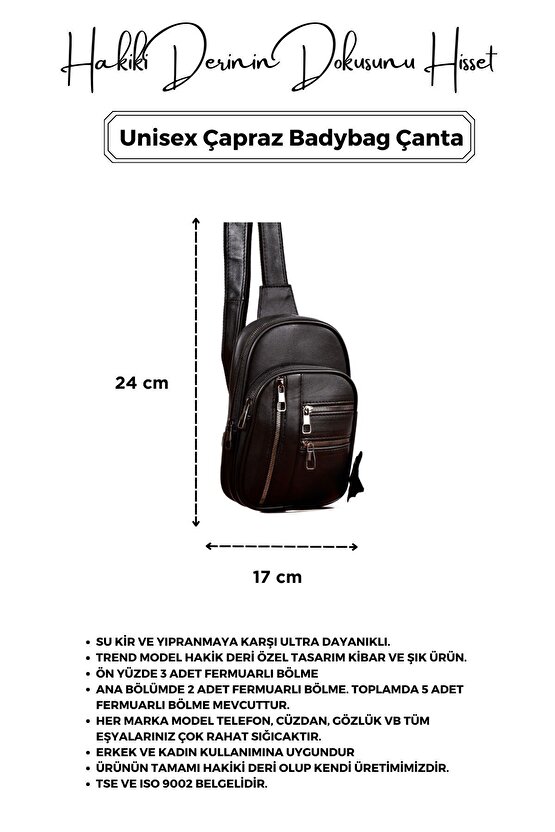 Unisex Siyah Hakiki Deri Badybag Çanta Ultra Kullanışlı Bol Fermuarlı