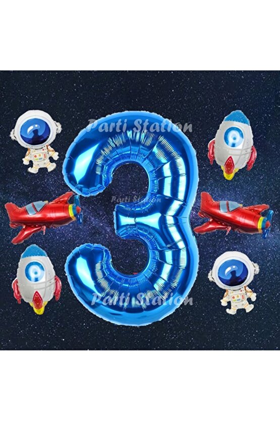 Lacivert Renk Rakam Balon Uzay Konsept 3 Yaş Doğum Günü Balon Set Galaksi Astronot Space Roket Balon