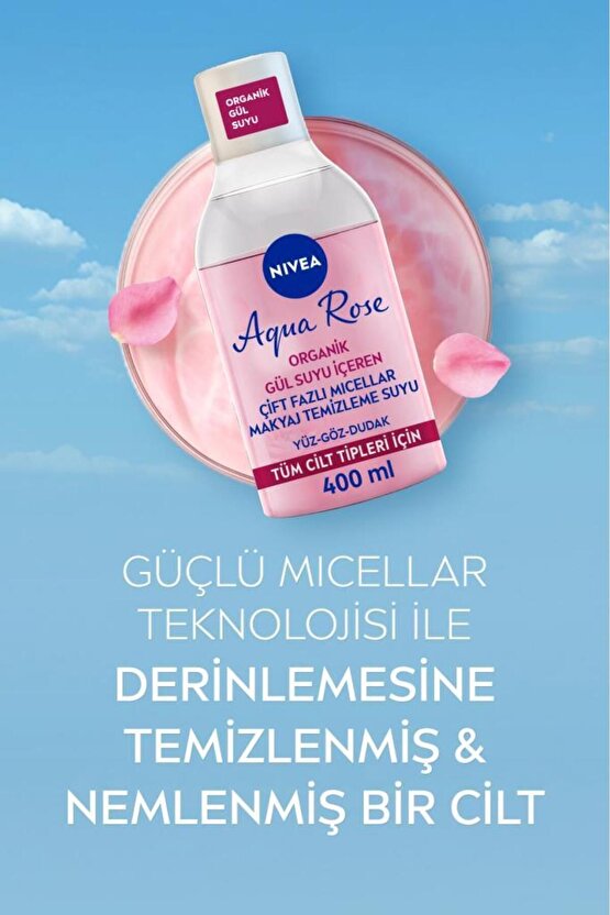 Aqua Rose Micellar Gül Suyu Çift Fazlı Makyaj Temizleme Suyu 400ml, Yüz Göz Ve Dudak, Nemlendirici 