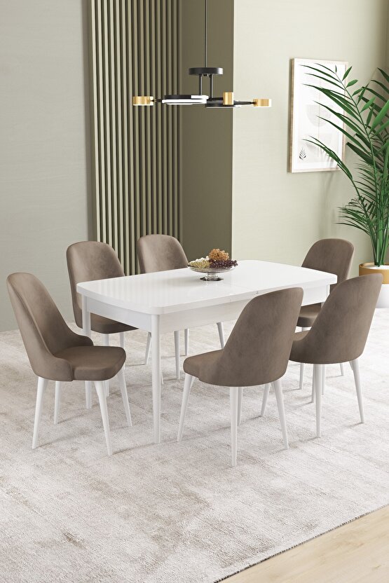 Ikon Beyaz 80x132 Mdf Açılabilir Yemek Masası Takımı 6 Adet Sandalye
