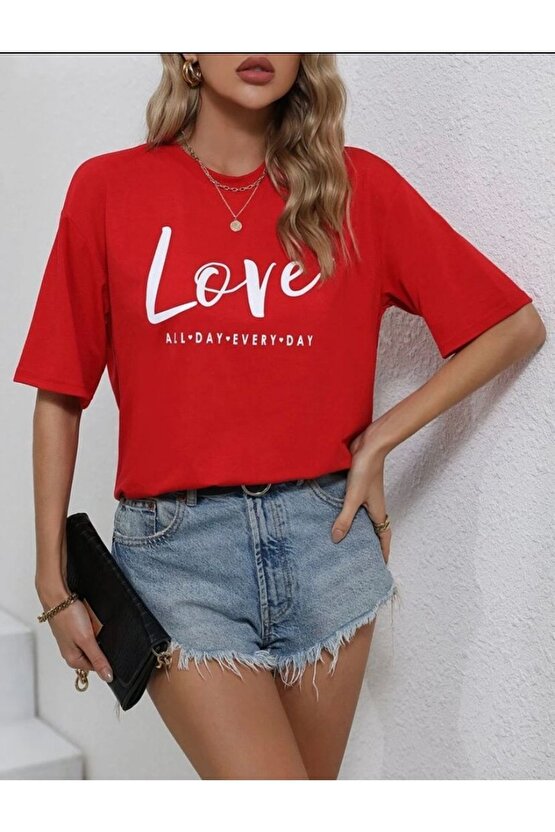 Kadın Oversize Love Baskılı Kırmızı Tshirt