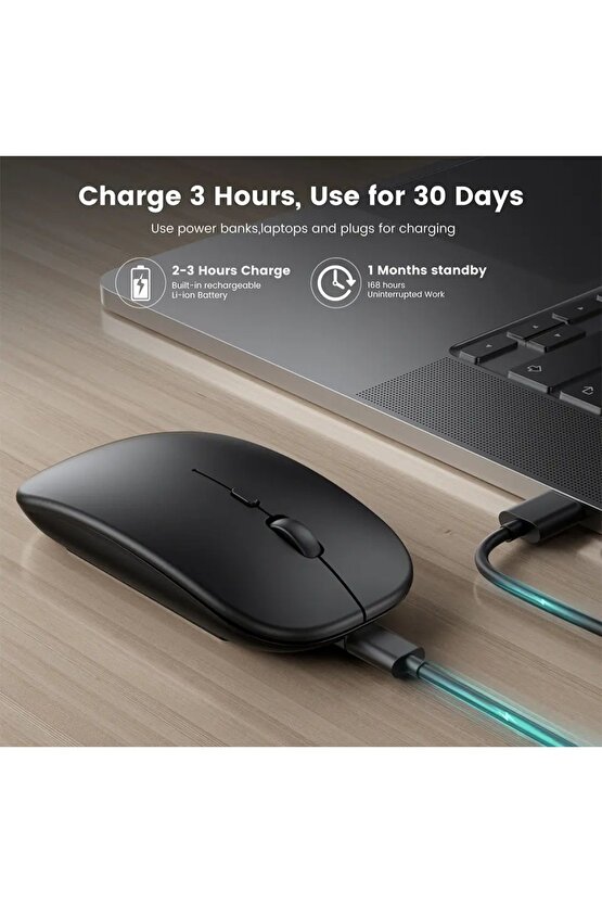 ŞARJLI MOUSE 2.4GHZ USB WİRELESS VE BLUETOOTH LU SESSİZ MAT SİYAH