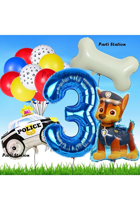 Paw Patrol Chase Polis Köpek Konsept 3 Yaş Doğum Günü Parti Balon Set Paw Patrol Kemik Balon Set