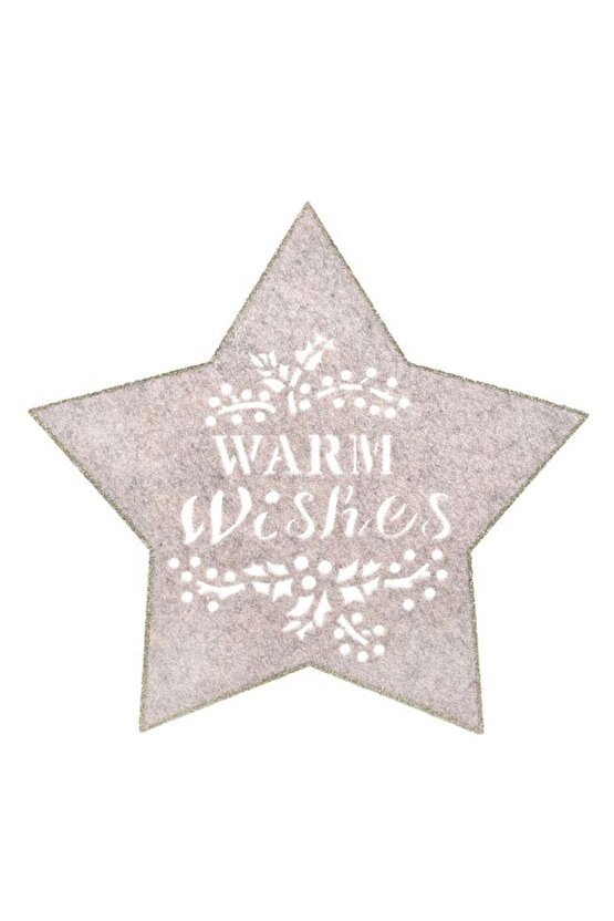 1 Adet Bej Keçeden Yıldız Şeklinde Simli Warm Wishes Yazılı Noel Suplası & Amerikan Servisi 35 cm