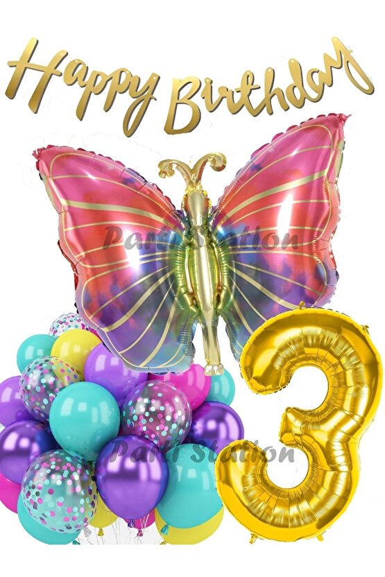 Rengarenk Kelebek 3 Yaş Balon Set Colorfull Butterfly Gökkuşağı Konsept Parti Doğum Günü Balon Seti