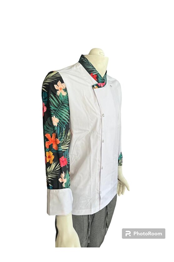 Beyaz Renk Çiçek Desenli Aşçı Ceket Chef Master Ceketi Mutfak kıyafeti Mutfak Uzun kollu İş Ceketi