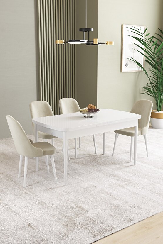 Ikon Beyaz 80x132 Mdf Açılabilir Mutfak Masası Takımı 4 Adet Sandalye