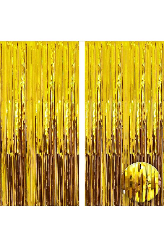 2 Adet Altın Gold Renk Metalize Arka Fon Perdesi ve 1 Adet Plastik Sarı Renk Masa Örtüsü Set