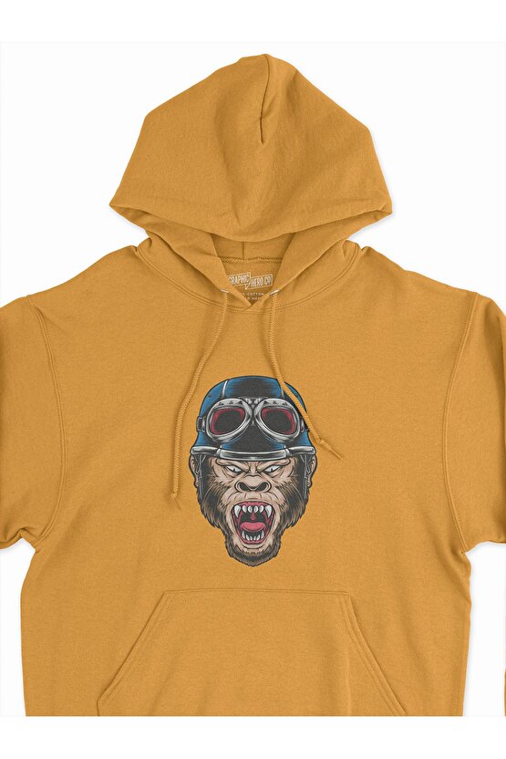 Kızgın Maymun Baskılı Oversize Sarı 3 Iplik Kalın Sweatshirt Hoodie