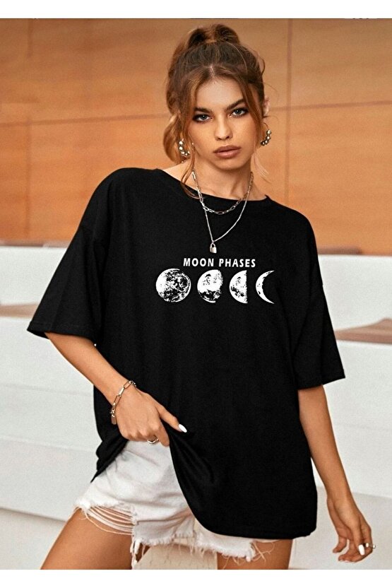 Kadın Moon Phases Baskılı Bisiklet Yaka Siyah Tshirt