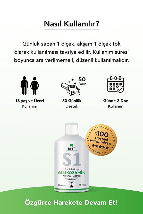 S1 Glukozamin™, Bitkisel Glukozamin ve Akgünlük Ekstresi Sıvı Takviye Edici Gıda 50 Gün Vegan 500ml