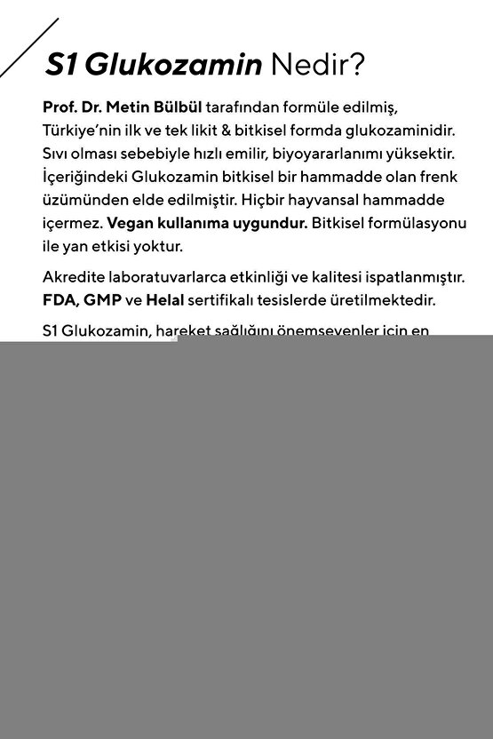 S1 Glukozamin™, Bitkisel Glukozamin ve Akgünlük Ekstresi Sıvı Takviye Edici Gıda 50 Gün Vegan 500ml