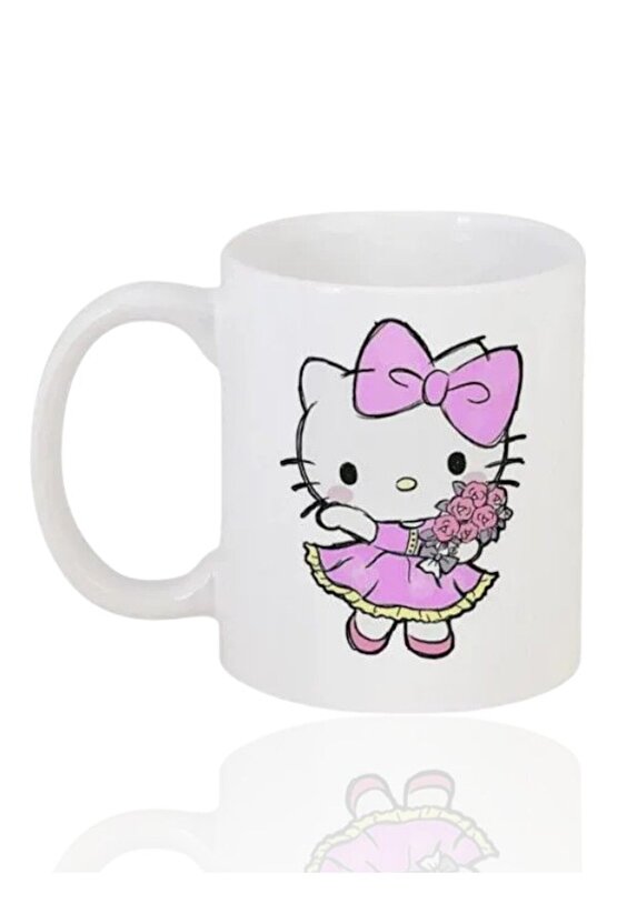 Sevimli Hello Kitty Temalı Beyaz Kupa Bardak Porselen v10