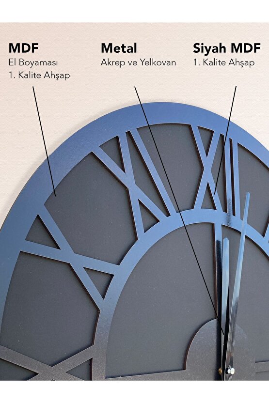 Siyah Roma Dekoratif Duvar Saati 50x50 Cm