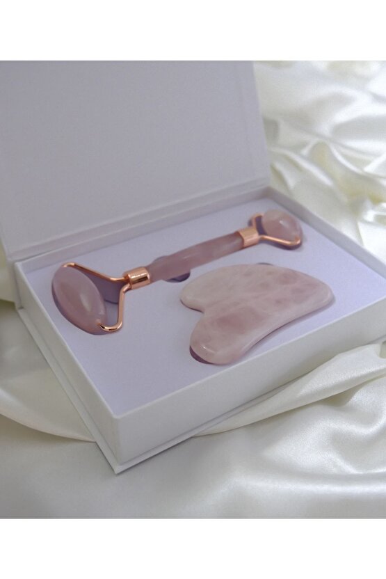 Pembe Kuvars Gua Sha Ve Face Roller Set