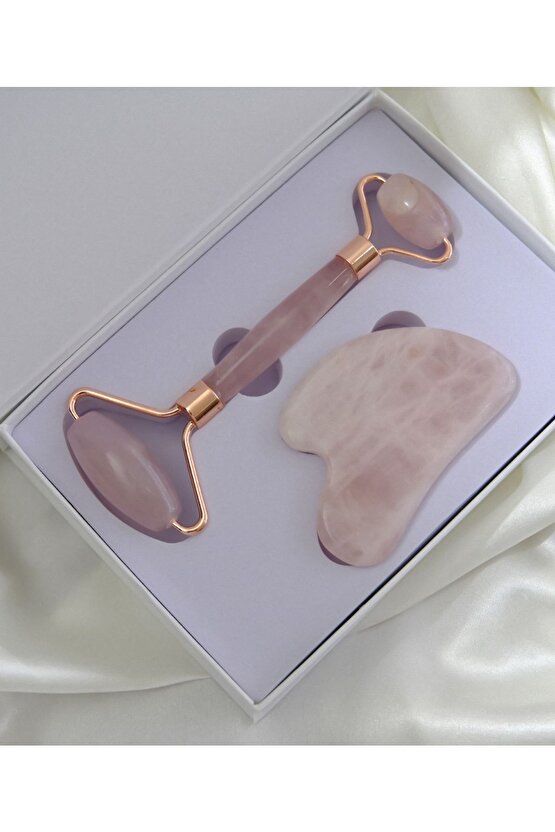 Pembe Kuvars Gua Sha Ve Face Roller Set