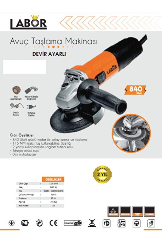 Taşlama Makinası Jl9555 115mm 840w Avuç Taşlama Devir Ayarlı