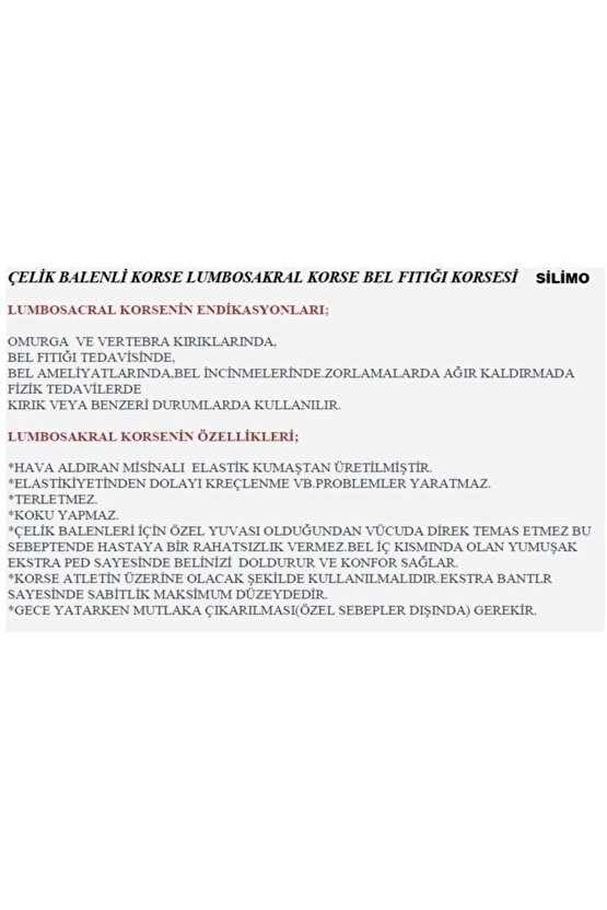 Lumbosakral Çelik Balenli Bel Fıtık Korsesi Bel Düzleşmesi Bel Kayması Çelik Destekli Demirli Kuşak