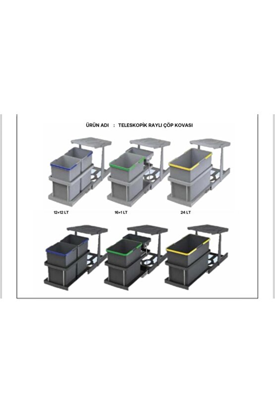 Dolap Içi Teleskopik Raylı Antrasit Çöp Kovası 24 Litre, Minimum Kapak Genişliği 45 Cm.