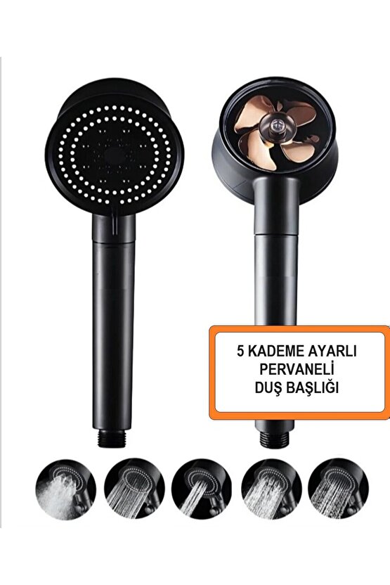 Setti Docia Siyah, 3lü Set, 5 Fonksiyonlu Turbo Fan Pervaneli Duş Başlığı Seti