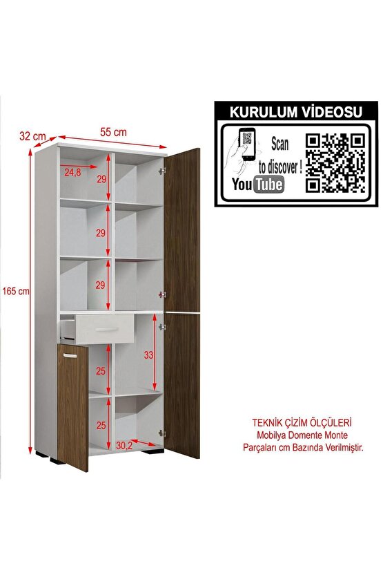 Modilayn Afra 3 Kapak 1 Çekmece Beyaz Ceviz Çok Amaçlı Dolap