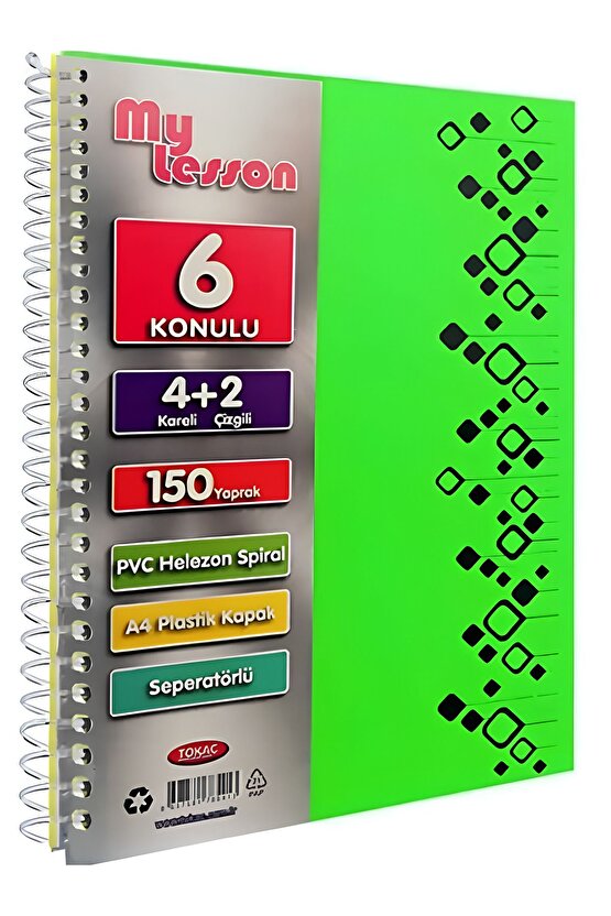 My Lesson Pp Kapak A4 4+2 150 Yaprak Spiralli 6 Bölmeli Ayraçlı Kareli Çzgili Defter