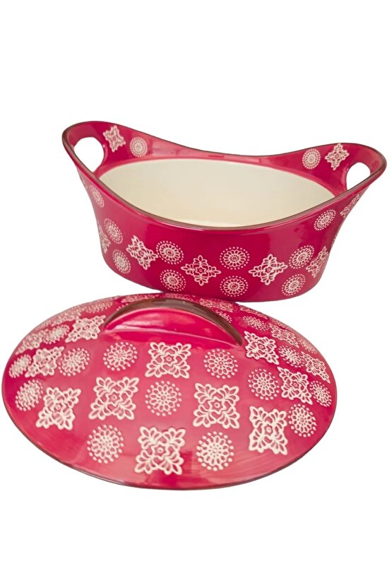 Seramik Kırmızı Oval Büyük Tencere Fırın Kabı 31x22 Cm