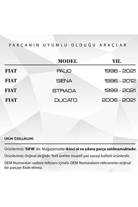 Fiat Palio, Siena, Strada, Ducato Için Su Fıskiye Memesi