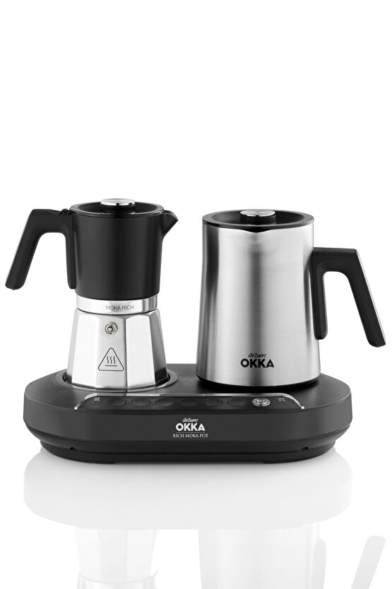 OK0027 OKKA Rich Moka Pot Karıştırıcılı Metal İtalyan ve Türk Kahve Makinesi - Krom 5 Fincan