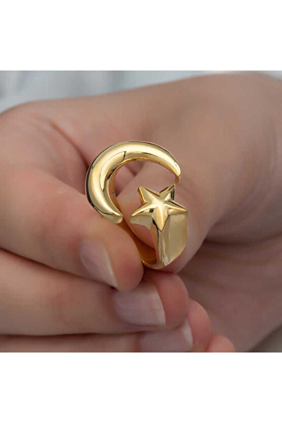 Himarry 925 Ayar Gümüş Gold Ay Yıldız Kadın Yüzük