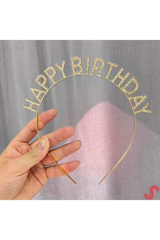 Samur Parti Parti Aksesuar & Kostüm Altın Gold Renk Kristal Taşlı Parlak Happy Birthday Taç 16x17 Cm