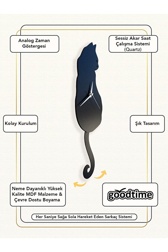 Siyah Kedi Dekoratif Sallanır Sarkaçlı Duvar Saati