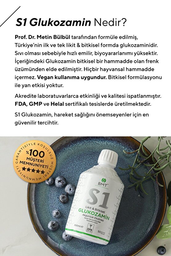 S1 Glukozamin™, Bitkisel Glukozamin Ve Akgünlük Ekstresi Sıvı Takviye Edici Gıda 50 Gün Vegan 500ml