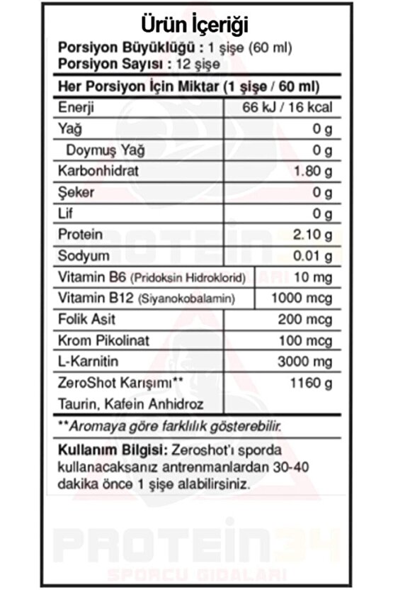 Zeroshot 60 ml 3000 Mg L-carnitine 12 Adet - Çilek Aroma -