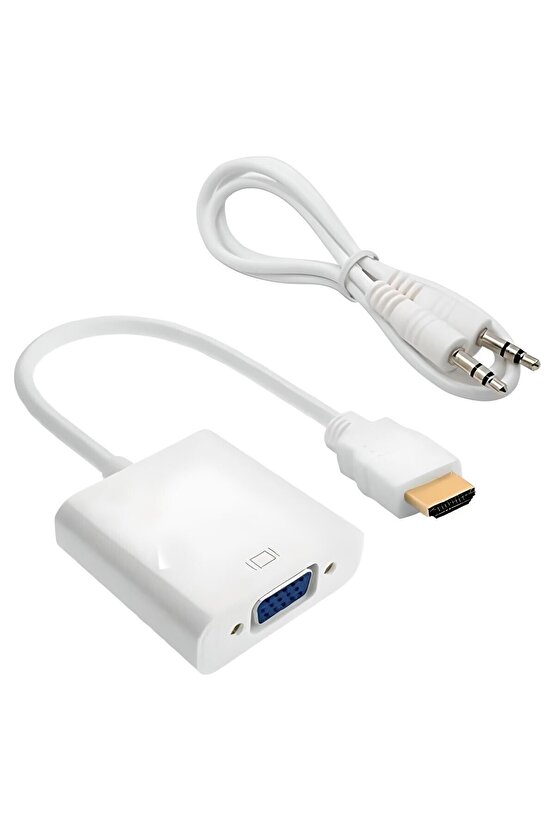 HDMI - VGA Dönüştürücü Adaptör + Ses Çıkışlı (Beyaz Renkli)