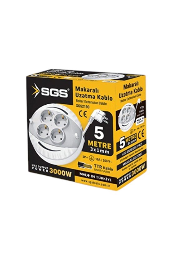 Sgs2190 Makaralı Uzatma Kablo 4 Lü 5 Metre 3x1mm 3000 Watt