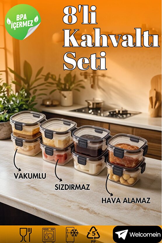 8li Vakumlu Kapak Hava Almaz Sızdırmaz 300 ml. Lüks Kahvaltılık Saklama Seti- 8 Adet