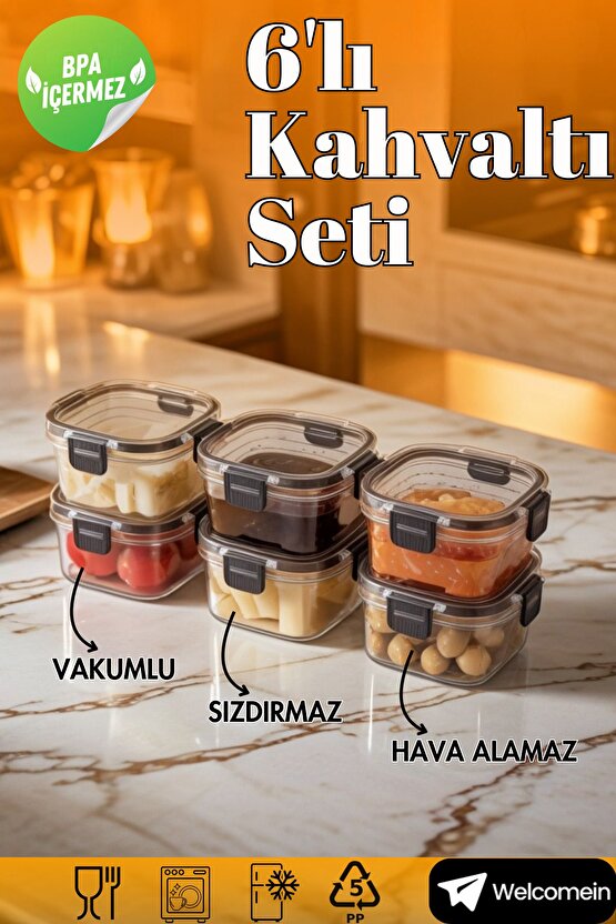 6lı Vakumlu Kapak Hava Almaz Sızdırmaz 300 ml. Lüks Kahvaltılık Saklama Seti- 6 Adet