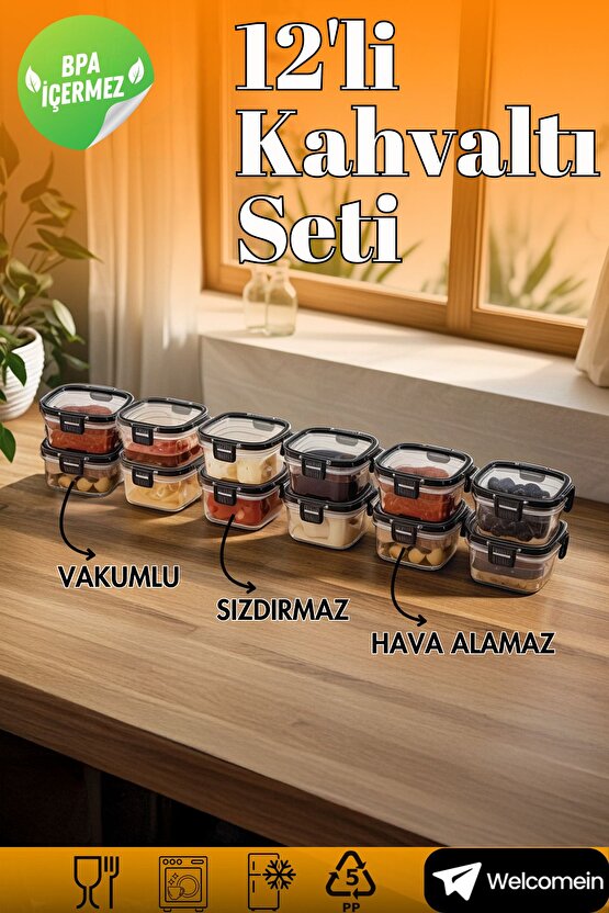 12li Vakumlu Kapak Hava Almaz Sızdırmaz 300 ml. Lüks Kahvaltılık Saklama Seti- 12 Adet  Set