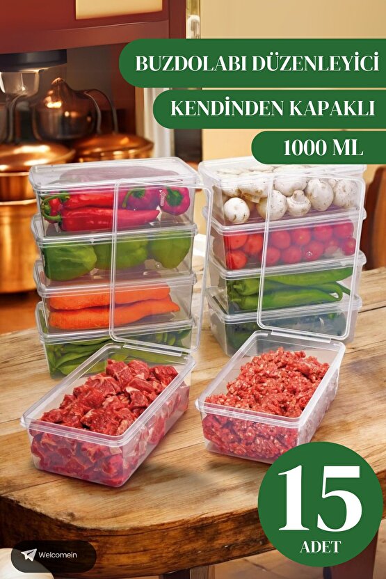 15 Adet 1 Litre Kendinden Kapaklı Derin Dondurucuya Uygun Saklama Kabı Düzenleyici  (1000 Ml)