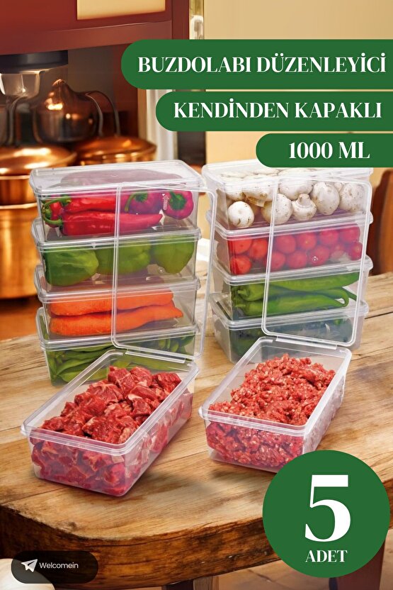 5 Adet 1 Litre Kendinden Kapaklı Derin Dondurucuya Uygun Saklama Kabı Düzenleyici  (1000 Ml)