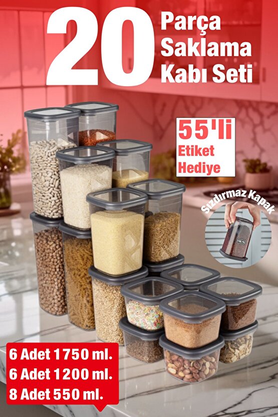 20 Adet 40 Parça 550 ml. 1200 ml. 1750 ml. Sızdırmaz Kapaklı Kare Erzak Bakliyat Saklama Kabı Seti