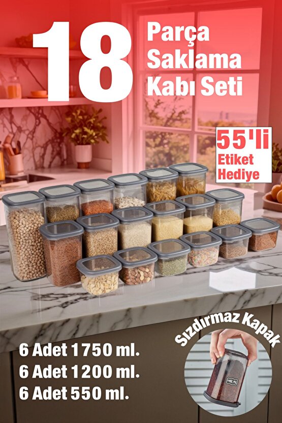 18 Adet 36 Parça 550 ml. 1200 ml. 1750 ml. Sızdırmaz Kapaklı Kare Erzak Bakliyat Saklama Kabı Seti