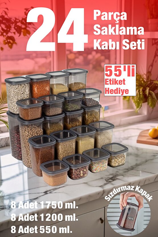 24 Adet 48 Parça 550 ml. 1200 ml. 1750 ml. Sızdırmaz Kapaklı Kare Erzak Bakliyat Saklama Kabı Seti