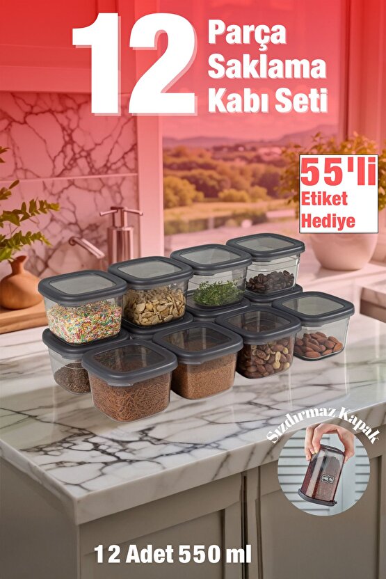 12 Adet 24 Parça 550 ml. Etiket Hedeli Sızdırmaz Kapaklı Kare Erzak Bakliyat Saklama Kabı Seti