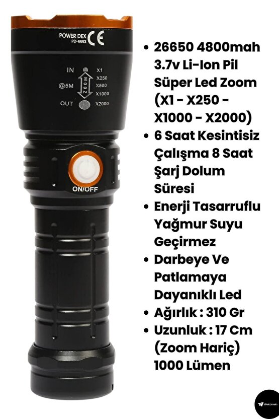 Pd-6682 1000 Lümen 15 Watt Profesyonel Şarjlı El Feneri