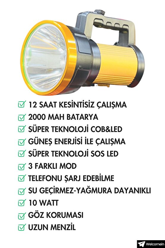 Şarjlı 12 Saat Kesintisiz Yağmura Dayanıklı Çok işlevli Güneş Enerjili Profesyonel LED El Feneri